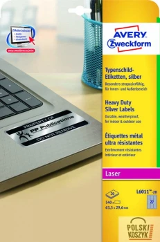Etykiety AVERY ZWECKFORM znamionowe srebrne A4, 20 ark./op., 63,5 x 29,6 mm, poliestrowe