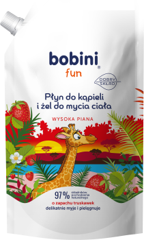 Bobini Fun płyn do kąpieli i żel do mycia wysoka piana o zapachu truskawek zapas 500 ml