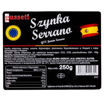 Szynka Serrano Plastry 250G Gusseti
