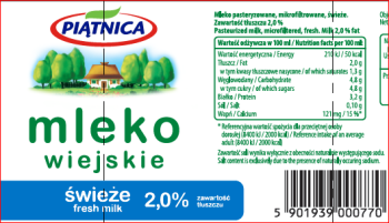 Piątnica Mleko wiejskie świeże 2% 1 l
