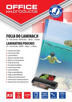 Folia do laminowania OFFICE PRODUCTS, A5, 2x80mikr., błyszcząca, 100szt., transparentna