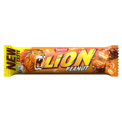 Lion Nadziewany wafel z karmelem płatkami pszennymi orzechami ziemnymi oblany mleczną czekoladą 41 g