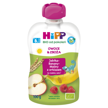 HiPP BIO Mus owocowy owoce &amp; zboża po 6. miesiącu jabłka-banany-maliny z orkiszem 100 g