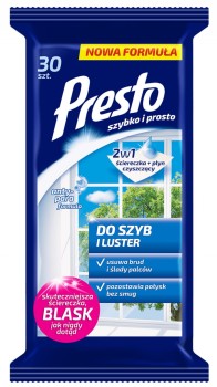 Presto Ściereczki nawilżane do czyszczenia szyb i luster 30 sztuk