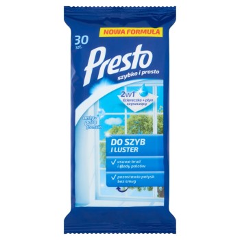 Presto Ściereczki nawilżane do czyszczenia szyb i luster 30 sztuk