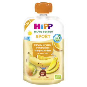 HiPP BIO Sport Mus owocowy po 1. roku banany-gruszki-pomarańcze-mango z ryżem 120 ml