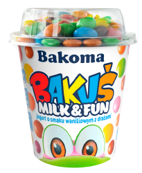 Bakuś Milk&amp;Fun jogurt waniliowy z drażami 135 g