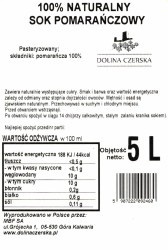 Sok NFC pomarańczowy 100% Dolina Czerska worek 5L