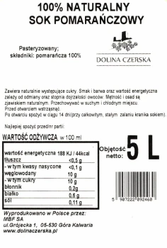 Sok NFC pomarańczowy 100% Dolina Czerska worek 5L