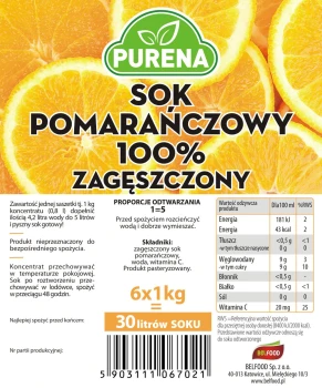 PURENA Zagęszczony sok pomarańczowy 100% 6x1kg