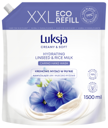 Luksja Creamy &amp; Soft Kremowe mydło w płynie Len i Mleczko ryżowe 1500 ml opakowanie uzupełniające