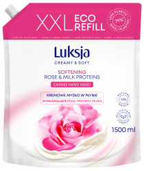 Luksja Creamy &amp; Soft Kremowe mydło w płynie Róża i Proteiny mleka 1500 ml opakowanie uzupełniające