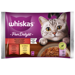 Whiskas Pure Delight Soczyste kąski Galaretka z wołowiną i z kurczakiem 340 g (4x85 g)