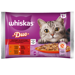 Whiskas Duo Zestawy klasyczne 1+ Galaretka z wołowiną i drobiem i z jagnięciną i kaczką 340 g (4x85 g)