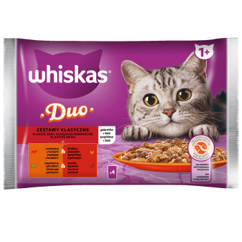 Whiskas Duo Zestawy klasyczne 1+ Galaretka z wołowiną i drobiem i z jagnięciną i kaczką 340 g (4x85 g)