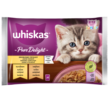 Whiskas Pure Delight Junior 2-12 miesięcy Drobiowe frykasy Galaretka z kurczakiem i z indykiem 340 g (4x85 g)
