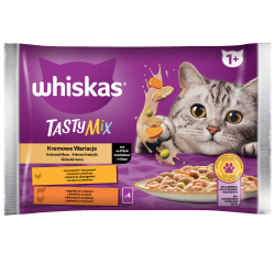 Whiskas Tasty Mix Kremowe Wariacje 1+ Sos z kurczakiem i warzywami i z jagnięciną i indykiem 340 g (4x85 g)