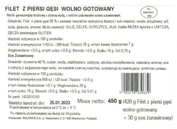 FILET Z PIERSI GĘSI WOLNO GOTOWANY Z SOSEM 420 G +30 G SOS ŻURAWINOWY DROSED