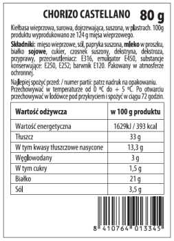 Chorizo Castellano plastry 80 g Argal