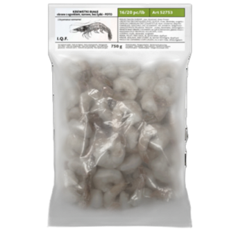 Krewetka biała Vannamei surowa, obrana z ogonem, 16-20 szt/lb 25% glazury, 1kg/0,75kg Nord Capital