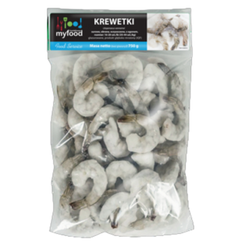MyFood Krewetka surowa obrana z ogonkiem, rozmiar: 16-20 szt./lb, produkt głęboko mrożony, glazura: 25%, 750 g/1000 g