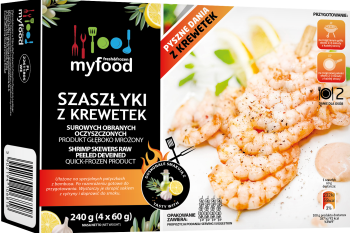 MyFood Szaszłyki z krewetek surowych obranych i oczyszczonych glazurowane, z wodą dodaną, produkt głęboko mrożony, 240 g