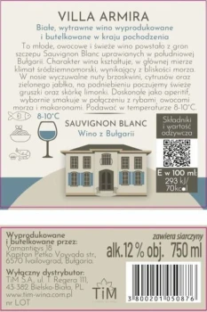 'Villa Armira Sauvignon Blanc Wino Białe Wytrawne 750 ml