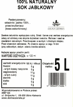 Sok NFC jabłkowy 100% Dolina Czerska worek 5L