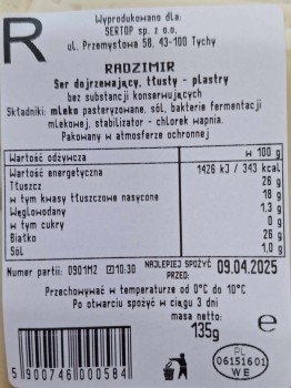 Radzimir ser dojrzewający tłusty w plastrach 135 g SERTOP