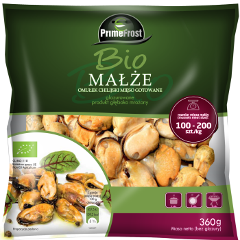 Primefrost Bio Małże-Omułek chilijski mięso gotowane, oczyszczone, glazurowane, rozmiar: 100-200szt./kg, produkt głęboko mrożony, 360 g/400 g