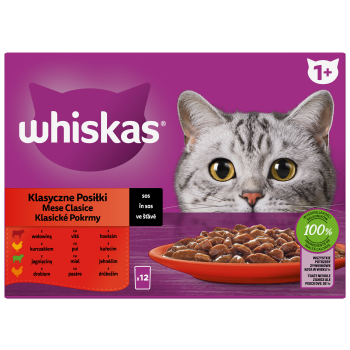 Whiskas Klasyczne posiłki 1+ Sos z wołowiną, z kurczakiem, z jagnięciną i z drobiem 1,02 kg (12x85 g)