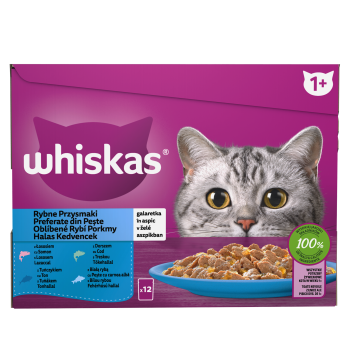 Whiskas rybne przysmaki galaretka z łososiem, dorszem, tuńczykiem i białą rybą 12X85 g