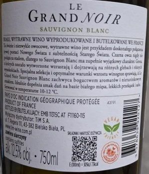 'Wino Le Grand Noir IGP PAYS DOC Sauvignon Blanc B.W. 750 ml