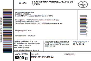 ABRAMCZYK Miruna nowozelandzka filety bez skóry 6-12+ bez dodatków 0% 6,8kg S-VAC