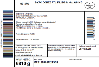 ABRAMCZYK Dorsz Atlantycki Filety 5-32+ Bez Skóry Bez Dodatków 0% 6,81Kg S-VAC