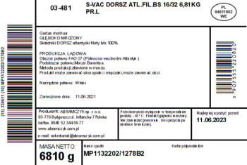 ABRAMCZYK Dorsz Atlantycki Filety 5-32+ Bez Skóry Bez Dodatków 0% 6,81Kg S-VAC