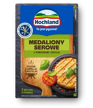 Hochland Grillowy. Medaliony serowe z pomidorami i bazylią na grilla. 2 x 60 g