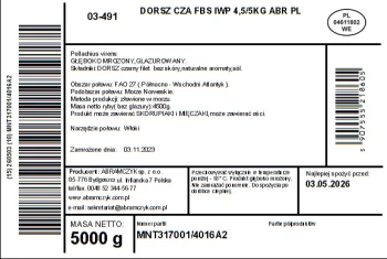 ABRAMCZYK Dorsz Czarny Filety 8-16 Bez Skóry 10% glazury 4,5/5 Kg ABRALINE IWP