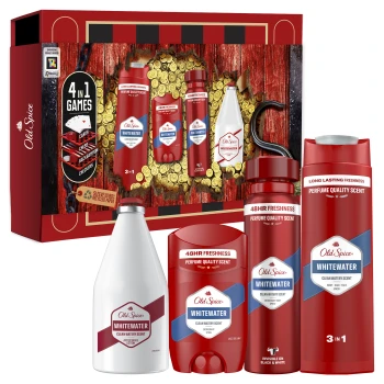 Old Spice Whitewater Zestaw podarunkowy, dezodorant w sprayu, w sztyfcie, żel i woda po goleniu oraz zestaw gier planszowych
