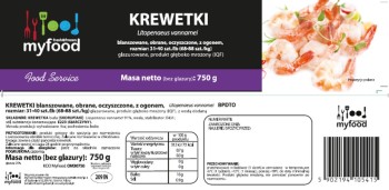 MyFood Krewetki białe (Litopenaeus vannamei) 31-40 szt./lb blanszowane obrane z ogonem, produkt głęboko mrożony, glazurowane, masa netto: 750 g/1000 g