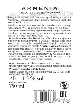 'Wino gronowe białe półsłodkie Armenia Yerev Apricot 0,75L