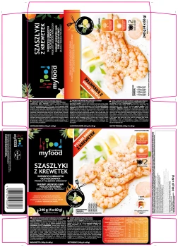 MyFood Szaszłyki z krewetek surowych obranych i oczyszczonych glazurowane, z wodą dodaną, produkt głęboko mrożony, 240 g