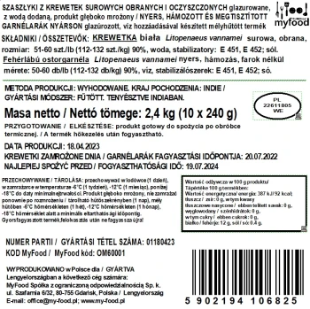 MyFood Szaszłyki z krewetek surowych obranych i oczyszczonych glazurowane, z wodą dodaną, produkt głęboko mrożony, 240 g