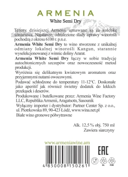 'Wino gronowe białe Armenia Yerev Semi Dry White 0,75 L