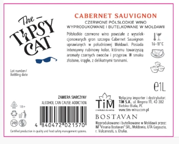 'Tipsy Cat Cabernet Sauvignon Czerwone Półsłodkie 1 litr