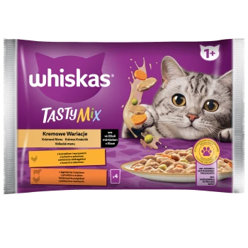 Whiskas Tasty Mix Kremowe Wariacje 1+ Sos z kurczakiem i warzywami i z jagnięciną i indykiem 340 g (4x85 g)