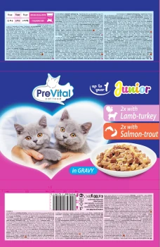 PreVital karma dla kociąt 4 x 100g. Z jagnięciną i indykiem w sosie. Z łososiem i pstrągiem w sosie