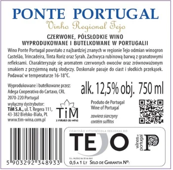 'Ponte Portugal Tejo Wino Czerwone Półsłodkie 750Ml