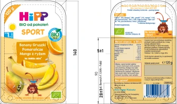 HiPP BIO Sport Mus owocowy po 1. roku banany-gruszki-pomarańcze-mango z ryżem 120 ml