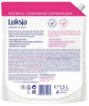 Luksja Creamy & Soft Kremowe mydło w płynie Róża i Proteiny mleka 1500 ml opakowanie uzupełniające